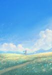  1girl absurdres ahoge basket blue_sky boots cloud day dirt_road grass highres holding holding_basket huge_ahoge long_hair mountainous_horizon original outdoors road sakimori_(hououbds) scarf scenery sky solo spring_(season) wind 