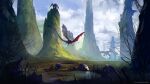  artist_name bare_tree blue_sky cloud cloudy_sky day dragon fantasy field flying gruncirius highres karst no_humans original outdoors painterly rock scenery simple_bird sky tail torn_wings tree valley wings 