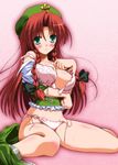  bare_shoulders beret blush bra breast_hold breasts green_eyes hat hong_meiling large_breasts lingerie long_hair no_pants off_shoulder panties red_hair ribbon side-tie_panties sitting solo touhou underwear undressing wariza yamu_(reverse_noise) 