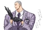  1boy adjusting_clothes adjusting_gloves black_gloves buzz_cut commentary_request daz_bones gloves grey_hair jacket looking_to_the_side male_focus necktie one_piece shirt short_hair simple_background solo striped_clothes striped_jacket sukehige upper_body vertical-striped_clothes vertical-striped_jacket vertical-striped_suit very_short_hair white_background white_shirt 