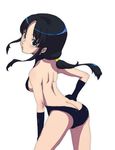  ass black_hair botan_(pokemon) breasts butt_crack dengeki!_pikachu german_yajirobee gloves hand_on_hip lips looking_back pokemon ponytail sideboob simple_background small_breasts solo swimsuit white_background 