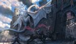  6+others attack blue_sky breath_weapon breathing_fire building castle cloud cloudy_sky debris destruction dragon dust_cloud fantasy fire flag from_below gate giant giant_monster holding holding_flag horse horseback_riding knight multiple_others noba open_mouth original painterly riding running sky smoke stone_wall tail tower watchtower western_dragon wings wyvern 