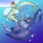 absurd_res anthro areola assisted_exposure big_breasts big_butt bikini biped breasts butt clothing duo female female/female fish genitals hi_res huge_breasts hyper hyper_breasts marine nipples nonarycubed pussy shark swimwear thick_thighs two-piece_swimsuit underwater water