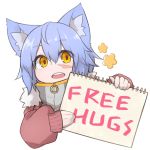  1girl :d ahoge animal_ear_fluff animal_ears blue_hair cat_ears coat eyebrows_visible_through_hair free_hugs fur_trim gloves hair_between_eyes holding long_sleeves notepad open_mouth original round_teeth ryota_tentei scar short_hair simple_background smile solo teeth tora_tentei upper_body white_background white_gloves yellow_eyes 