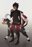  brown_hair candela_(pokemon) commentary dark_skin dog full_body gen_2_pokemon houndoom jacket_over_shoulder poke_ball pokemon pokemon_(creature) pokemon_go shilin skull yellow_eyes 