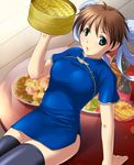  arm_up bamboo_steamer bangs black_legwear blue_dress bottle bowl breasts brown_hair bun_cover cherry china_dress chinese_clothes cropped_legs digdug006 double_bun dress eyebrows_visible_through_hair food food_request fruit fruit_bowl grapes green_eyes hair_ornament hand_up holding indoors kanamori_reiko liquor looking_at_viewer on_table orange parted_lips rice sake_bottle short_dress short_sleeves side_slit sitting solo soy_sauce table thighhighs thighs toggles vegetable wooden_floor wrestle_angels wrestle_angels_survivor 