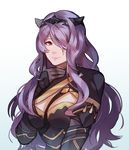  armor black_armor breasts camilla_(fire_emblem_if) cleavage cleavage_cutout fire_emblem fire_emblem_if gloves idk-kun large_breasts long_hair looking_at_viewer purple_hair red_eyes simple_background smile solo tiara white_background 