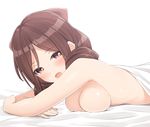  :d blanket breast_press breasts brown_hair chaostein cleavage drill_hair from_side harukaze_(kantai_collection) kantai_collection long_hair looking_at_viewer looking_to_the_side lying medium_breasts nude on_stomach open_mouth red_eyes shiny shiny_hair shiny_skin simple_background smile solo twin_drills under_covers upper_body white_background 