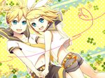  1girl :d ass belt black_shorts blonde_hair blue_eyes bow brother_and_sister hair_bow hair_ornament hairclip heart kagamine_len kagamine_rin looking_at_viewer midriff navel open_mouth sailor_collar short_hair short_shorts shorts siblings smile touyama_sabu vocaloid 