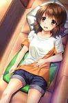  brown_eyes brown_hair casual couch denim denim_shorts floor from_above hand_on_own_stomach hibike!_euphonium lying noshimasa open_mouth oumae_kumiko pillow shirt short_hair shorts solo t-shirt table wavy_mouth 