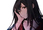  bangs black_hair brown_eyes chin_rest closed_mouth collarbone commentary_request from_side frown highres light_particles long_hair looking_at_viewer looking_to_the_side noraico original partial_commentary sidelocks solo upper_body white_background 