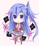  black_legwear blue_hair chibi hand_on_hip kazanari_tsubasa long_hair lydian_academy_uniform necktie no_nose one_side_up purple_eyes school_uniform senki_zesshou_symphogear smile solo thighhighs touyama_sabu twitter_username very_long_hair zettai_ryouiki 