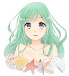  aqua_hair artist_name blue_eyes borrowed_character breasts cleavage collarbone fikkyun long_hair medium_breasts open_mouth original round_teeth seashell shell signature smile solo starfish teeth transparent_background upper_body 