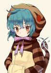  ahoge aqua_hair bangs beige_background brown_eyes closed_mouth crossed_bangs expressionless eyebrows eyebrows_visible_through_hair gradient gradient_ribbon hands_in_pockets hood hoodie kemono_friends long_sleeves looking_at_viewer neck_ribbon pocket ribbon rokuf sidelocks simple_background snake_tail solo striped striped_clothes striped_hoodie striped_tail tail tail_wagging thick_eyebrows tsuchinoko_(kemono_friends) tsurime upper_body 