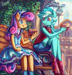  2017 anthro anthrofied bonbon_(mlp) cake clothing dress duo eating emale equine female food friendship_is_magic horn horse jowybean lyra_heartstrings_(mlp) mammal my_little_pony pony unicorn 
