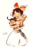  akagi_shun animal baguette black_hair bow bread cat closed_eyes dress food hair_bow jam jar jiji_(majo_no_takkyuubin) kiki majo_no_takkyuubin melon_bread open_mouth smile 