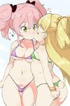  ass bikini blonde_hair bow bracelet breasts cheek_kiss green_bikini hair_bow heart heart-shaped_pupils idolmaster idolmaster_cinderella_girls jewelry jougasaki_mika jougasaki_rika kiss large_breasts micro_bikini multiple_girls navel pink_hair purple_bikini randou siblings simple_background sisters sketch small_breasts swimsuit symbol-shaped_pupils thong_bikini two_side_up white_background yellow_eyes yuri 