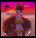  anthro bikini canine clothing eyelashes female fox fur mammal midriff open_mouth outside purrchinyan red_fur smile standing swimsuit wide_hips yellow_eyes 