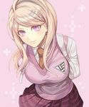  ahoge akamatsu_kaede arms_behind_back backpack bag bangs blonde_hair breasts brown_neckwear closed_mouth collared_shirt danganronpa eighth_note itohara leaning_forward long_hair long_sleeves looking_at_viewer medium_breasts miniskirt musical_note musical_note_hair_ornament necktie new_danganronpa_v3 pink_background pleated_skirt print_skirt purple_eyes purple_skirt quarter_note school_uniform shirt sixteenth_note skirt smile solo staff_(music) sweater_vest upper_body white_shirt 