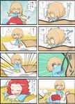  ... 2girls 4koma bedwetting blanket blonde_hair comic directional_arrow drooling fang futon girls_und_panzer highres jinguu_(4839ms) katyusha kindergarten kindergarten_uniform multiple_girls puddle red_hair rosehip saliva sleeping spoken_ellipsis spoken_interrobang thumb_sucking translated younger 