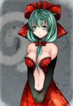  aoshima bare_shoulders black_gloves bow breasts cleavage collarbone commentary dress front_ponytail gloves green_eyes green_hair hair_bow hair_ribbon highres kagiyama_hina leaf_print long_hair looking_at_viewer medium_breasts navel red_bow red_dress red_ribbon ribbon smile solo touhou 