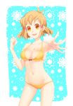  :d antenna_hair bikini bow_bikini breasts brown_hair cleavage foreshortening hair_ornament large_breasts navel open_mouth orange_bikini orange_eyes outstretched_hand scar senki_zesshou_symphogear short_hair smile solo swimsuit tachibana_hibiki_(symphogear) touyama_sabu 