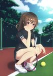  arm_support bad_id bad_pixiv_id ball breasts brown_hair chain-link_fence fence highres long_hair medium_breasts moe2017 nero2 original ponytail purple_eyes racket smile solo sportswear squatting tennis_ball tennis_court tennis_racket tennis_uniform 