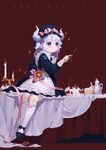  alternate_costume apron bangs beads black_dress black_footwear blue_eyes blunt_bangs blush bonnet bow cake candle candlestand copyright_name dragon_girl dragon_horns dress enmaided food fruit full_body hair_beads hair_ornament highres holding horns kanna_kamui kobayashi-san_chi_no_maidragon long_hair long_sleeves maid maid_apron mio-muo1206 shoes silver_hair simple_background sitting solo sparkle strawberry table teapot twintails white_apron white_legwear 