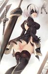  ass black_dress black_gloves black_hairband blindfold breasts covered_eyes dress feet_out_of_frame gloves greatsword hair_over_one_eye hairband hand_up harimoji huge_weapon juliet_sleeves katana legs lips long_sleeves medium_breasts mole mole_under_mouth nier_(series) nier_automata nose open_mouth panties pink_lips puffy_sleeves short_dress short_hair side_slit solo sword tassel thighhighs turtleneck underwear upskirt weapon weapon_on_back white_hair yorha_no._2_type_b 