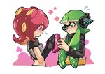  armor bangs black_gloves black_shirt blunt_bangs blush domino_mask flying_sweatdrops from_side gift gloves green_hair headgear holding inkling long_hair long_sleeves mask multiple_girls octarian octoling parted_lips red_eyes red_hair shirt short_sleeves splatoon_(series) splatoon_1 squid squidbeak_splatoon takozonesu tentacle_hair wong_ying_chee yuri 