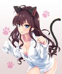  :3 :d ahoge animal_ears bare_shoulders black_hairband blue_eyes blush breasts brown_hair cat_ears cat_tail cleavage clenched_hand collarbone collared_shirt covered_nipples cowboy_shot downblouse dress_shirt eyebrows_visible_through_hair eyelashes fake_animal_ears fingernails gradient gradient_background hair_between_eyes hairband highres ichinose_shiki idolmaster idolmaster_cinderella_girls infinote leaning_forward legs_apart lipstick long_hair long_sleeves looking_at_viewer makeup medium_breasts naked_shirt off_shoulder open_mouth parted_lips paw_pose paw_print shiny shiny_skin shirt sleeves_past_wrists smile solo standing tail white_background white_shirt 