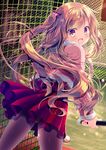  aqua_eyes baseball baseball_bat blush bow brown_hair hair_bow highres long_hair mizuki_yuuma moe2017 original pantyhose red_skirt skirt smile solo very_long_hair 