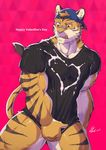  2017 anthro biceps bottomless canyne_khai clothed clothing feline male mammal muscular red_eyes shirt tiger 