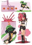  armor belt bike_shorts black_footwear black_gloves black_shirt blush boots cross-laced_footwear domino_mask gift gloves goggles goggles_on_head green_eyes green_hair headgear hero_shot_(splatoon) holding holding_weapon inkling long_hair long_sleeves looking_at_viewer mask midriff multiple_girls octarian octoling paint_splatter red_hair shirt shoes short_hair short_sleeves single_vertical_stripe splatoon_(series) splatoon_1 squid squidbeak_splatoon standing takozonesu tentacle_hair vest walking weapon wong_ying_chee yellow_vest 