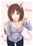  ;d animal_ears bangs beige_background black_pants breasts brown_hair cai_geng cat_tail cleavage collarbone eyebrows_visible_through_hair green_eyes idolmaster idolmaster_cinderella_girls leaning_forward long_sleeves maekawa_miku medium_breasts one_eye_closed open_mouth pants parted_bangs paw_pose purple_shirt shirt short_hair simple_background smile solo standing t-shirt tail translation_request 