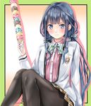  adagaki_aki amagami_rukichi black_eyes black_hair black_legwear blush commentary_request food ice_cream long_hair long_legs looking_at_viewer low_twintails masamune-kun_no_revenge pantyhose plaid plaid_skirt school_uniform skirt solo too_many too_many_scoops twintails 