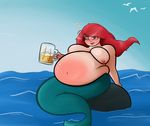  alcohol areola beer belly beverage big_belly big_breasts blush breasts drunk female hair itaohs marine merfolk monster_girl_(genre) nipples not_furry nude obese overweight red_hair solo water 