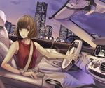  :q bad_id bad_pixiv_id bangs brown_eyes brown_hair brown_skirt building car_interior cigarette commentary_request driving dusk highres koh_(minagi_kou) left-hand_drive long_skirt looking_at_viewer looking_to_the_side mercedes-benz mercedes_benz_s65_amg_cabriolet night original pov purple_sky red_shirt seatbelt shirt short_hair skirt skyline sleeveless sleeveless_shirt smoke solo steering_wheel tongue tongue_out watch wristwatch yokohama yokohama_landmark_tower 