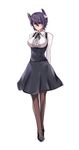  :&lt; absurdres alternate_costume altronage arms_behind_back blush checkered checkered_ribbon eyepatch full_body headgear highres kantai_collection looking_at_viewer meme_attire pantyhose purple_hair short_hair simple_background solo standing tenryuu_(kantai_collection) virgin_killer_outfit white_background yellow_eyes 