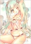  aqua_eyes aqua_hair arm_up armpits breasts camisole colored_pencil_(medium) hatsune_miku long_hair marker_(medium) one_eye_closed panties potto sample scrunchie sitting small_breasts solo traditional_media twintails underwear very_long_hair vocaloid 