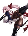  ass black_legwear bodysuit boots breasts cameltoe covered_navel covered_nipples elbow_gloves gloves hair_ribbon highleg impossible_clothes large_breasts long_hair looking_at_viewer original pink_eyes pink_hair ponytail ribbon rindou_(radical_dream) shiny shiny_clothes skin_tight skindentation smile solo thigh_boots thighhighs 