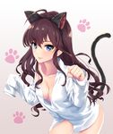  :3 :d ahoge animal_ears bare_shoulders black_hairband blue_eyes blush breasts brown_hair cat_day cat_ears cat_tail cleavage clenched_hand collarbone collared_shirt covered_nipples cowboy_shot downblouse dress_shirt eyebrows_visible_through_hair eyelashes fake_animal_ears fingernails gradient gradient_background hair_between_eyes hairband hands_in_opposite_sleeves highres ichinose_shiki idolmaster idolmaster_cinderella_girls infinote leaning_forward legs_apart lipstick long_hair long_sleeves looking_at_viewer makeup medium_breasts naked_shirt no_bra off_shoulder open_mouth parted_lips paw_pose paw_print shiny shiny_skin shirt smile solo standing tail white_background white_shirt 