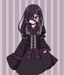  absurdres ageha_(ray-k) asymmetrical_sleeves black_dress black_hair borrowed_character bow doll_joints dress eyepatch frilled_dress frilled_sleeves frills gothic_lolita hair_between_eyes highres houshin_usagi lolita_fashion long_hair long_sleeves looking_at_viewer neck_ribbon original puffy_sleeves red_eyes ribbon short_over_long_sleeves short_sleeves simple_background sleeves_past_wrists slit_pupils smile solo striped striped_background vertical-striped_background vertical_stripes wide_sleeves 