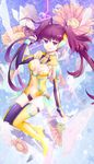  :q bodysuit breasts cleavage commentary_request covered_navel flower_request headgear highres medium_breasts mismatched_legwear original purple_eyes purple_hair red_hair solo thighhighs tongue tongue_out touyama_sabu two_side_up 