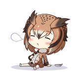  animal_ears big_belly blush bowl brown_hair chibi closed_eyes closed_mouth eurasian_eagle_owl_(kemono_friends) eyebrows_visible_through_hair frown full_body fume hand_on_own_stomach head_wings kemono_friends light_brown_hair shachoo. sigh sitting solo wings 