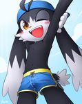  anthro blush bulge clothed clothing cub front_view klonoa klonoa_(series) lagomorph low-angle_view male mammal navel one_eye_closed open_mouth rabbit raised_arm signature smile solo stretching swimming_trunks swimsuit topless unrealplace young 