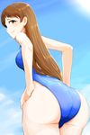  ass blue_swimsuit brown_eyes brown_hair competition_swimsuit day from_behind highres idolmaster idolmaster_cinderella_girls long_hair momo_(higanbana_and_girl) nitta_minami one-piece_swimsuit sky smile solo swimsuit 