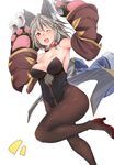  aki_(akikaze_asparagus) animal_ears bare_shoulders black_legwear blush breasts cat_day cleavage collar commentary_request erune granblue_fantasy grey_hair high_heels highres leotard looking_at_viewer medium_breasts one_eye_closed pantyhose red_eyes red_footwear sen_(granblue_fantasy) shoes simple_background smile solo white_background 