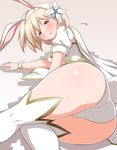  animal_ears ass black_eyes blonde_hair blush bunny_ears commentary_request djeeta_(granblue_fantasy) dress fake_animal_ears from_behind granblue_fantasy hairband kneehighs looking_at_viewer looking_back lying on_side panties puffy_short_sleeves puffy_sleeves shinori short_hair short_sleeves solo sweat thighs underwear white_dress white_legwear white_panties 