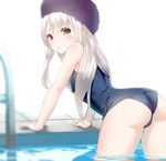  :o arm_support ass bangs bare_arms bare_shoulders bent_over blue_swimsuit blush eyebrows_visible_through_hair fate/stay_night fate_(series) from_behind fur_hat hat illyasviel_von_einzbern long_hair looking_at_viewer looking_back one-piece_swimsuit open_mouth pool pool_ladder poolside purple_hat school_swimsuit shiny shiny_skin solo swimsuit tareme wading water water_drop wet yasuyuki 